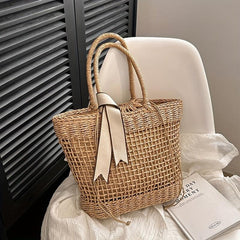 Straw Durable Shopping Bag Ribbon Decor Large Capacity Beach Tote Bag