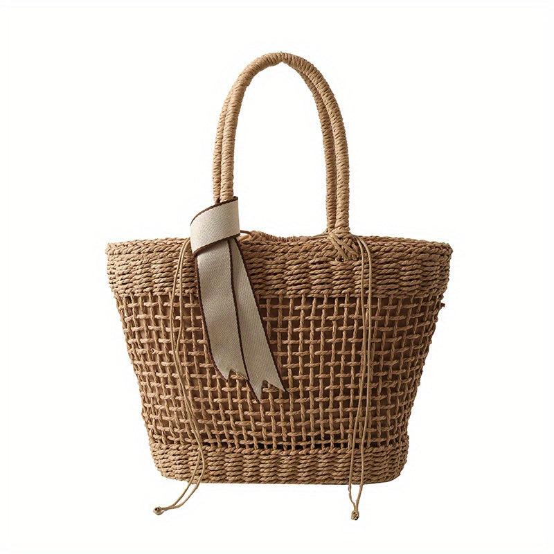Straw Durable Shopping Bag Ribbon Decor Large Capacity Beach Tote Bag