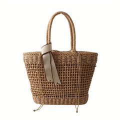 Straw Durable Shopping Bag Ribbon Decor Large Capacity Beach Tote Bag