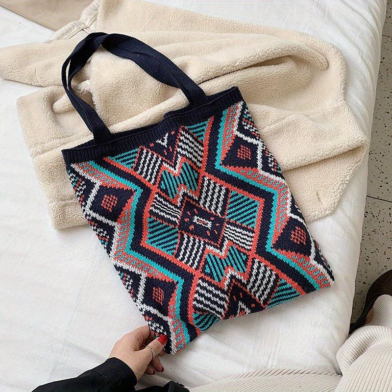 Argyle Pattern Crochet Bag Bohemian Knitted Tote Bag Women's Shoulder Bag