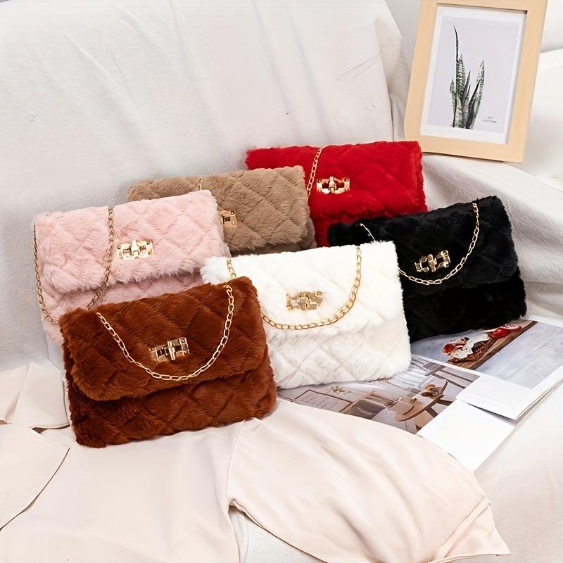 Chain Crossbody Bag Argyle Quilted Square Bag Faux Fur Flap Purse