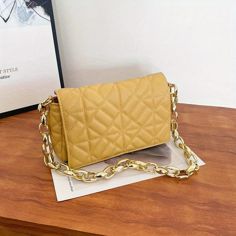 Quilted Chain Bag Solid Flap Shoulder Bag Stylish PU Leather Underarm Bag