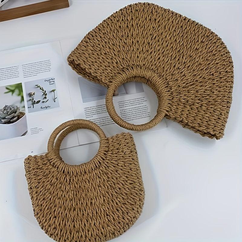 Round Top Handle Straw Bag Large Capacity Tote Bag