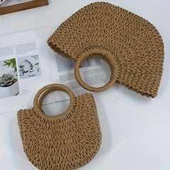 Round Top Handle Straw Bag Large Capacity Tote Bag
