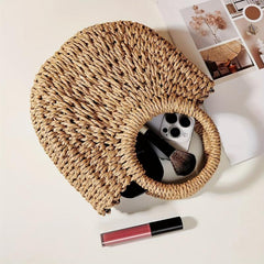 Round Top Handle Straw Bag Large Capacity Tote Bag