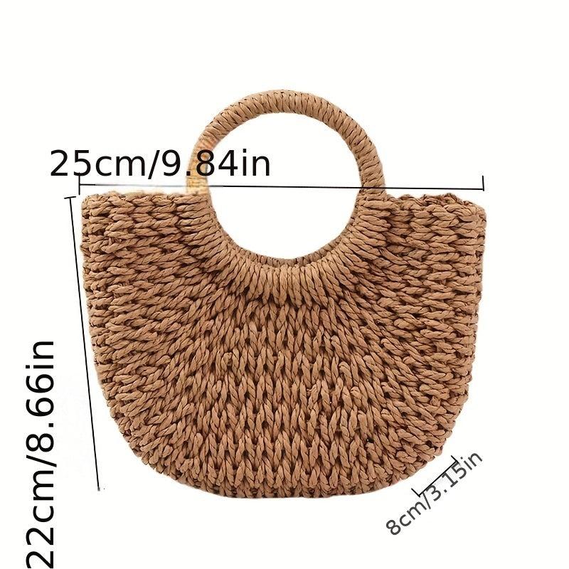Round Top Handle Straw Bag Large Capacity Tote Bag
