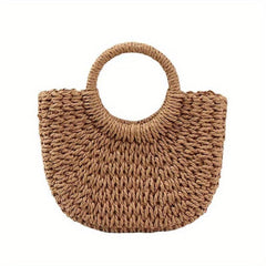 Round Top Handle Straw Bag Large Capacity Tote Bag