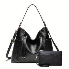 2pcs Large Capacity Tote Bag Wristlet Purse Set PU Leather Textured Shoulder Bag