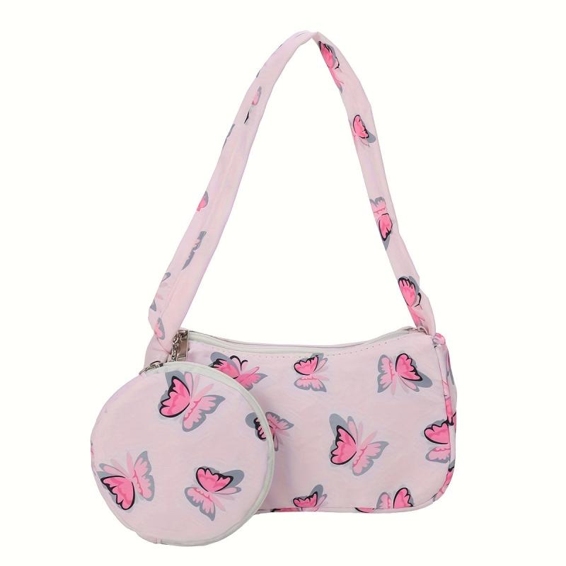 Butterfly Pattern Shoulder Bag with Mini Purse