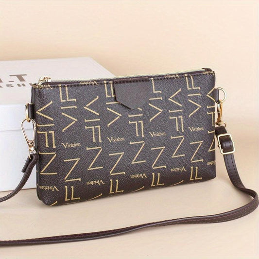Letter Graphic Crossbody Bag Small PU Leather Square Purse Zipper Phone Bag