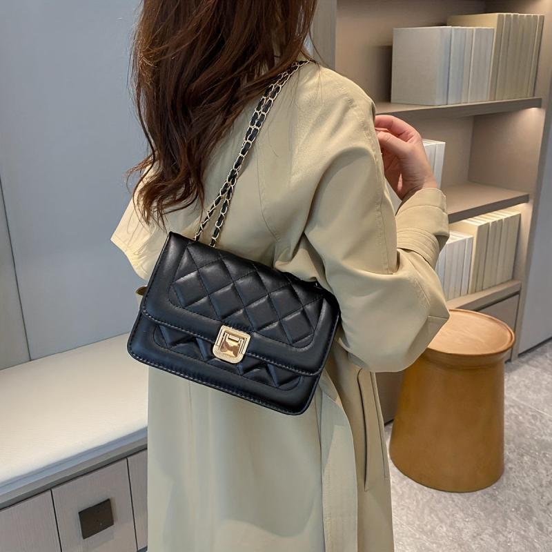 Quilted Chain Crossbody Bag Flap Square Purse Faux Leather Shoulder Bag
