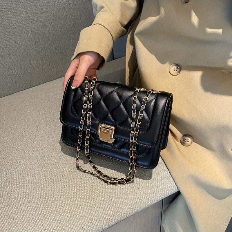 Quilted Chain Crossbody Bag Flap Square Purse Faux Leather Shoulder Bag