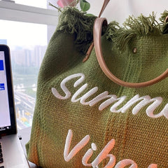 Letter Embroidery Tote Bag Tassel Trim Canvas Handbag Women's Beach Shoulder Bag
