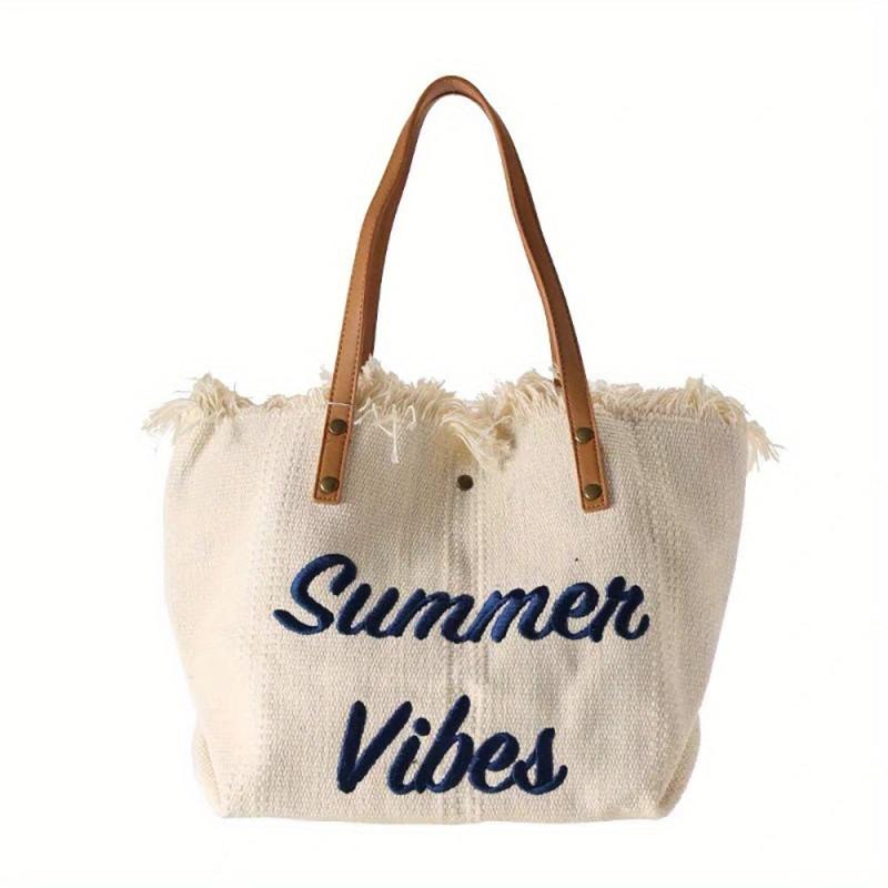 Letter Embroidery Tote Bag Tassel Trim Canvas Handbag Women's Beach Shoulder Bag