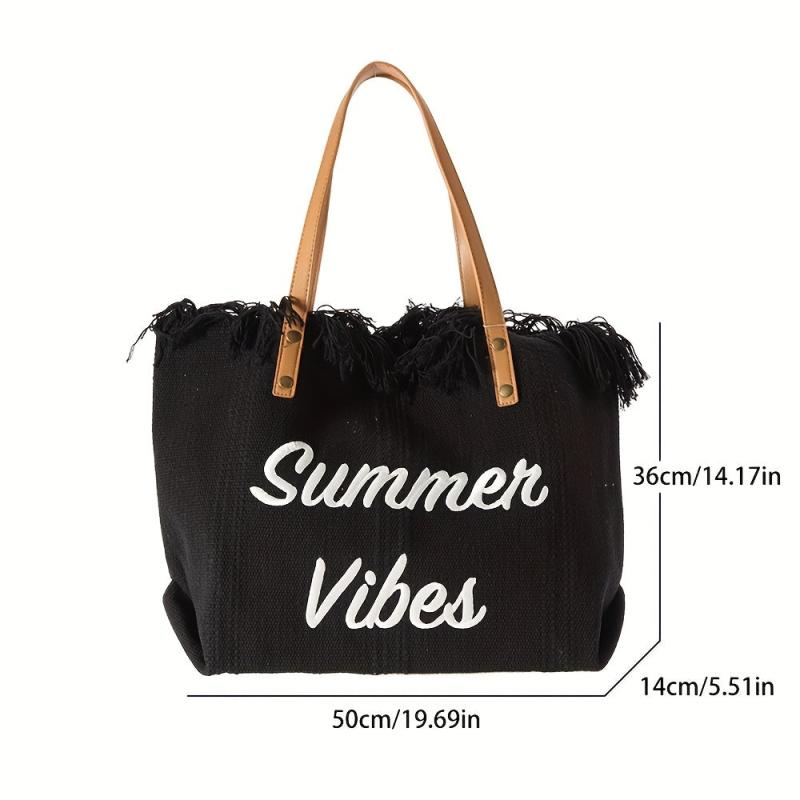Letter Embroidery Tote Bag Tassel Trim Canvas Handbag Women's Beach Shoulder Bag