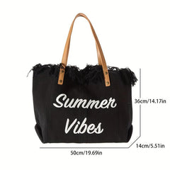 Letter Embroidery Tote Bag Tassel Trim Canvas Handbag Women's Beach Shoulder Bag