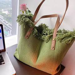 Letter Embroidery Tote Bag Tassel Trim Canvas Handbag Women's Beach Shoulder Bag