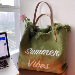 Letter Embroidery Tote Bag Tassel Trim Canvas Handbag Women's Beach Shoulder Bag