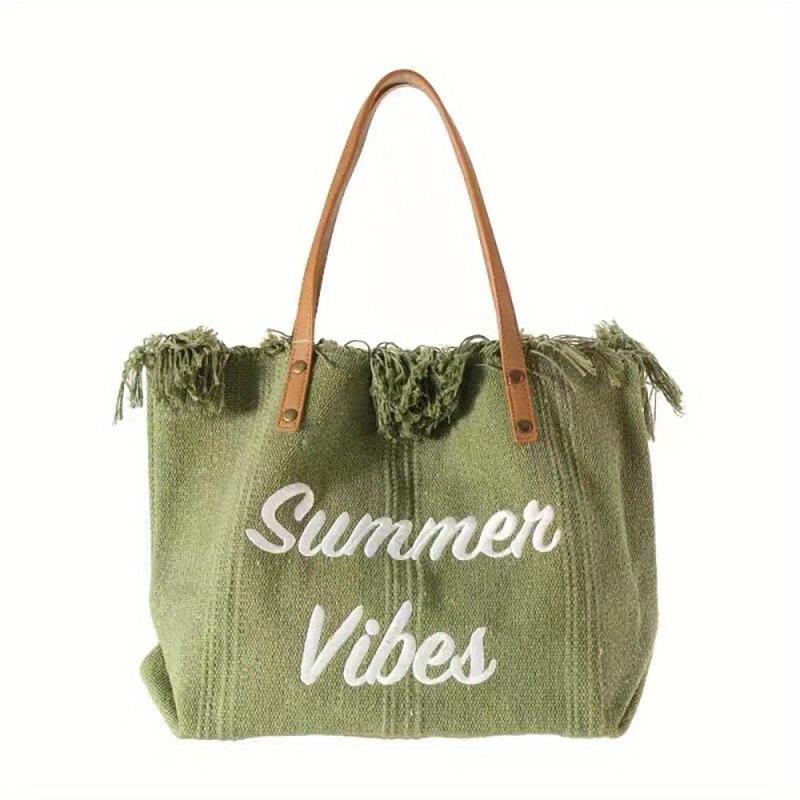 Letter Embroidery Tote Bag Tassel Trim Canvas Handbag Women's Beach Shoulder Bag