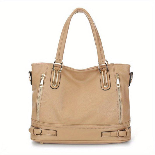 Solid Zipper Shoulder Bag Top Handle Handbag Faux Leather Crossbody