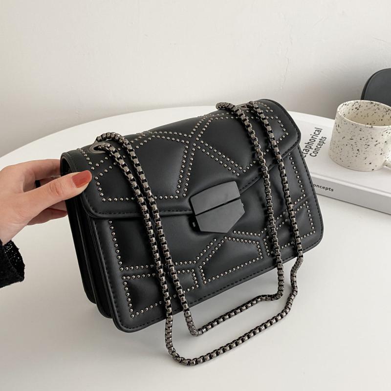 Studded Square Shoulder Bag Faux Leather Chain Crossbody Purse