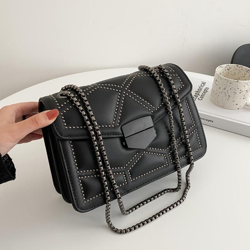 Studded Square Shoulder Bag Faux Leather Chain Crossbody Purse