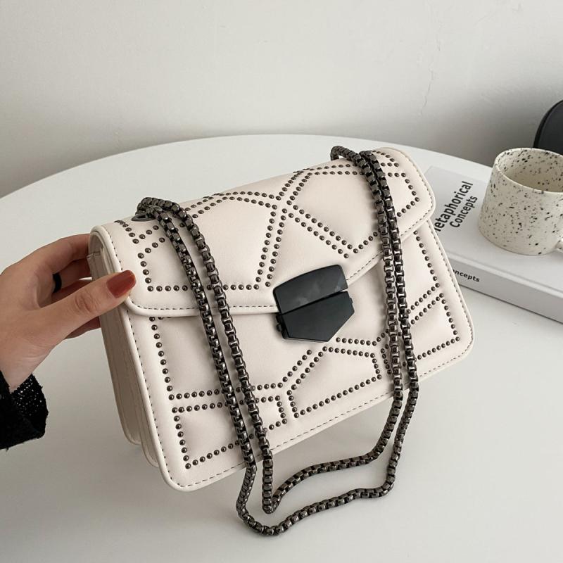 Studded Square Shoulder Bag Faux Leather Chain Crossbody Purse