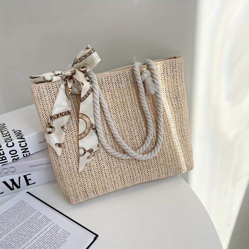 Straw Tote Shoulder Bag for Travel with Scarf Decor