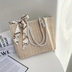 Straw Tote Shoulder Bag for Travel with Scarf Decor