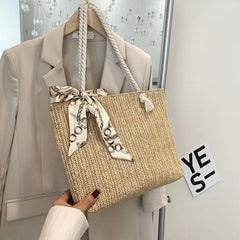 Straw Tote Shoulder Bag for Travel with Scarf Decor