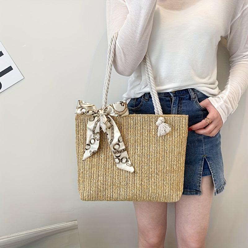 Straw Tote Shoulder Bag for Travel with Scarf Decor