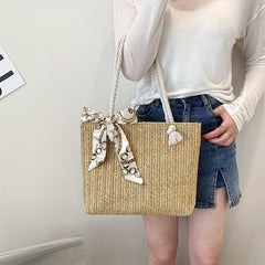 Straw Tote Shoulder Bag for Travel with Scarf Decor