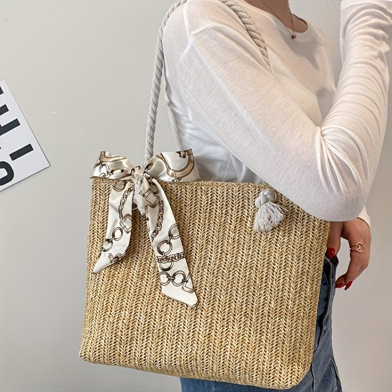 Straw Tote Shoulder Bag for Travel with Scarf Decor
