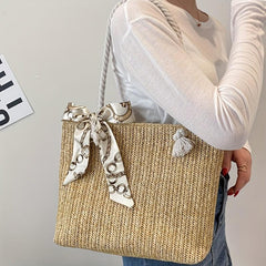 Straw Tote Shoulder Bag for Travel with Scarf Decor