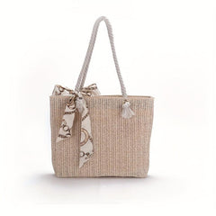 Straw Tote Shoulder Bag for Travel with Scarf Decor