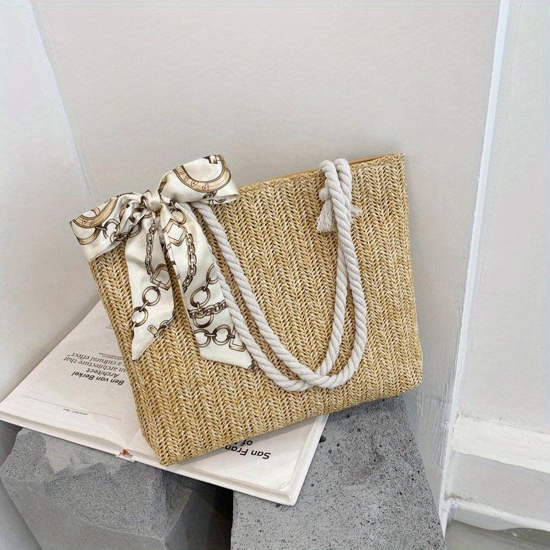 Straw Tote Shoulder Bag for Travel with Scarf Decor