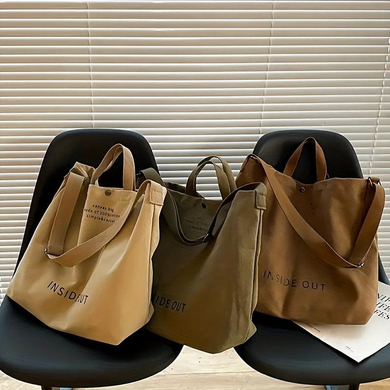 Vintage Letter Print Canvas Bag Large Capacity Shoulder Bag Lightweight Satchel