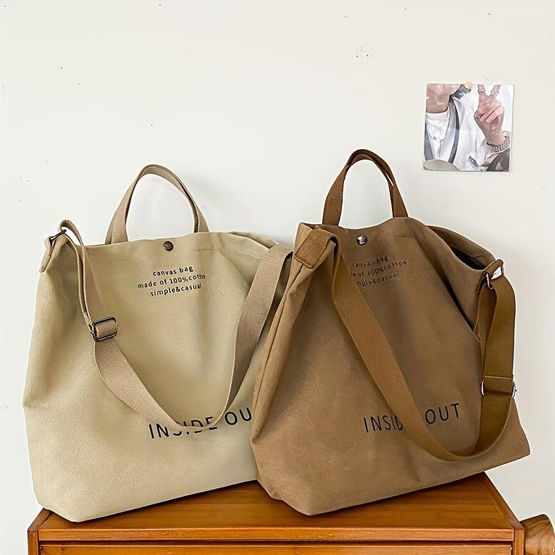 Vintage Letter Print Canvas Bag Large Capacity Shoulder Bag Lightweight Satchel