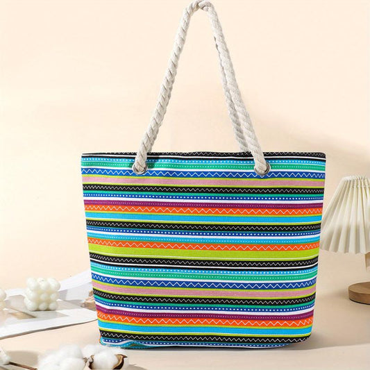 Striped Pattern Beach Bag Large Capacity Tote Bag Vacation Style Canvas