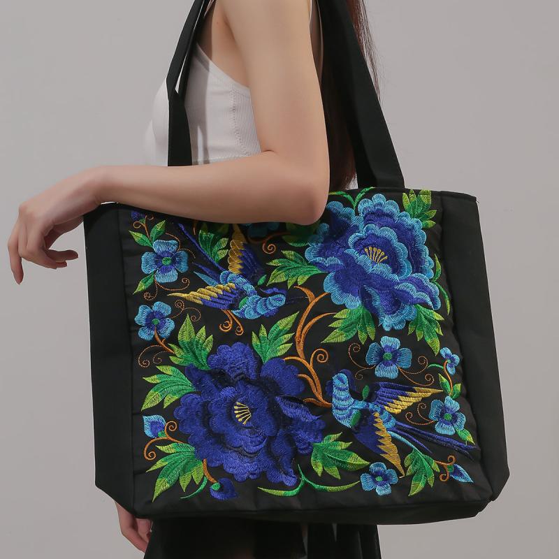 Flower & Bird Embroidered Tote Bag Large Capacity Shoulder Bag Stylish Handbag