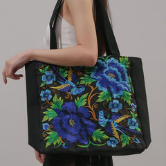 Flower & Bird Embroidered Tote Bag Large Capacity Shoulder Bag Stylish Handbag