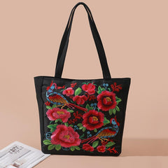 Flower & Bird Embroidered Tote Bag Large Capacity Shoulder Bag Stylish Handbag