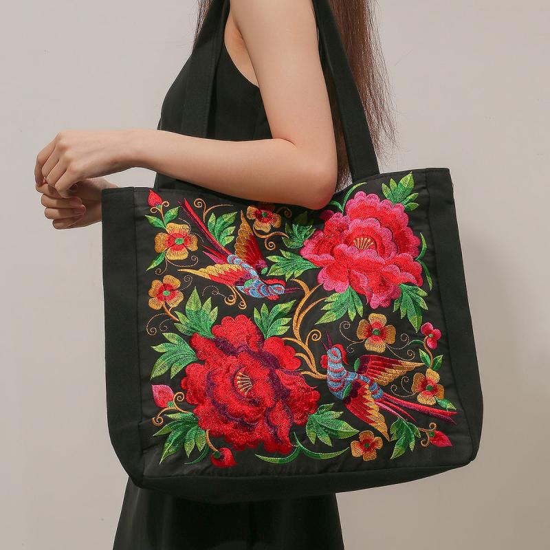 Flower & Bird Embroidered Tote Bag Large Capacity Shoulder Bag Stylish Handbag