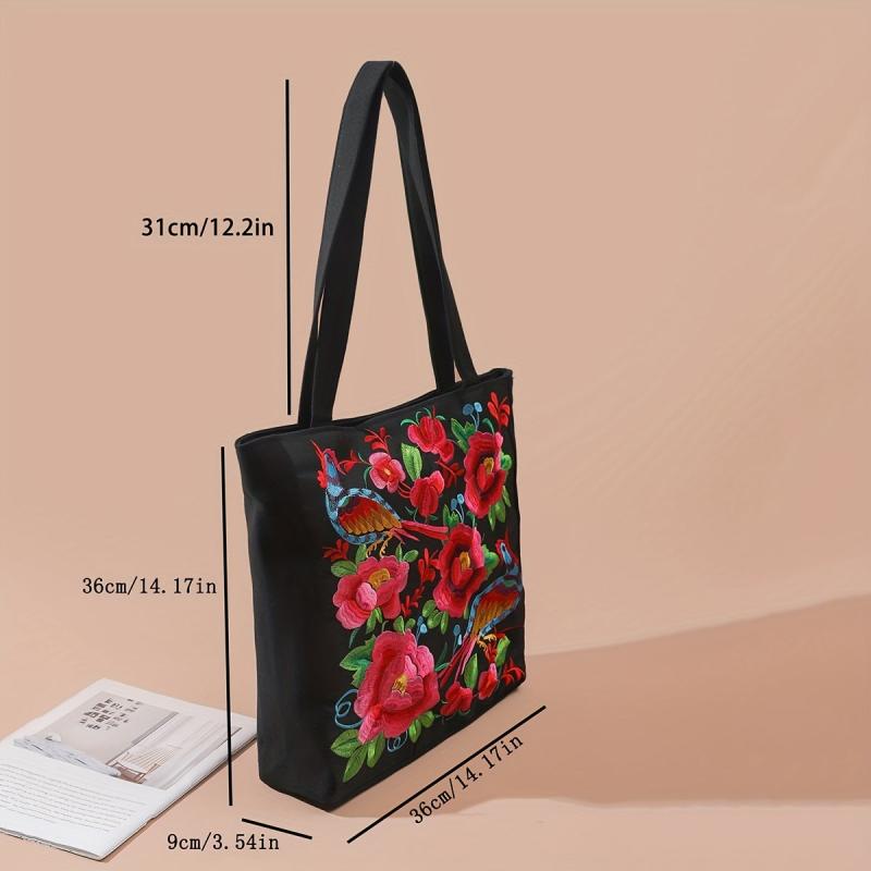 Flower & Bird Embroidered Tote Bag Large Capacity Shoulder Bag Stylish Handbag