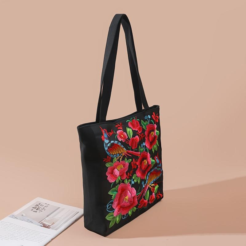 Flower & Bird Embroidered Tote Bag Large Capacity Shoulder Bag Stylish Handbag