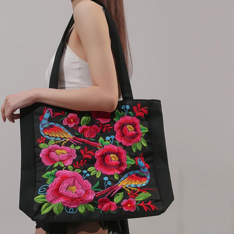 Flower & Bird Embroidered Tote Bag Large Capacity Shoulder Bag Stylish Handbag