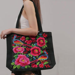 Flower & Bird Embroidered Tote Bag Large Capacity Shoulder Bag Stylish Handbag