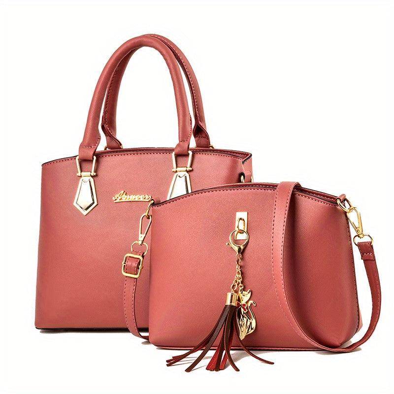 2Pcs Handbags Set For Women Top Handle Satchel Purse With Tassel Crossbody Bag