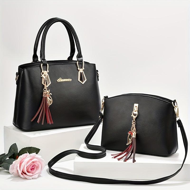 2Pcs Handbags Set For Women Top Handle Satchel Purse With Tassel Crossbody Bag