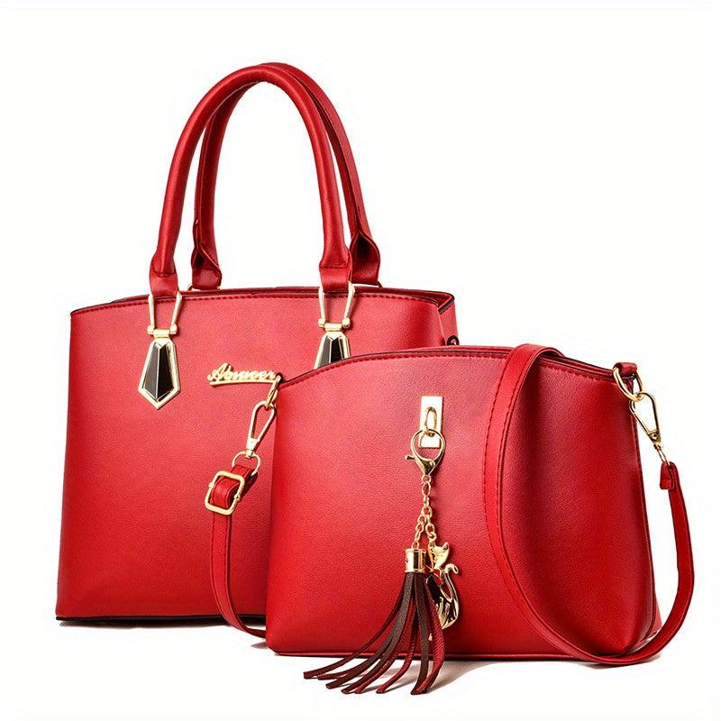 2Pcs Handbags Set For Women Top Handle Satchel Purse With Tassel Crossbody Bag